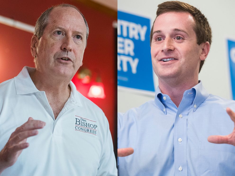 PHOTO: Dan Bishop talks with supporters at Robin's On Main diner in Hope Mills, N.C., August 10, 2019.|Dan McCready talks with voters at his campaign office during his education tour in Elizabethtown, N.C., August 10, 2019.