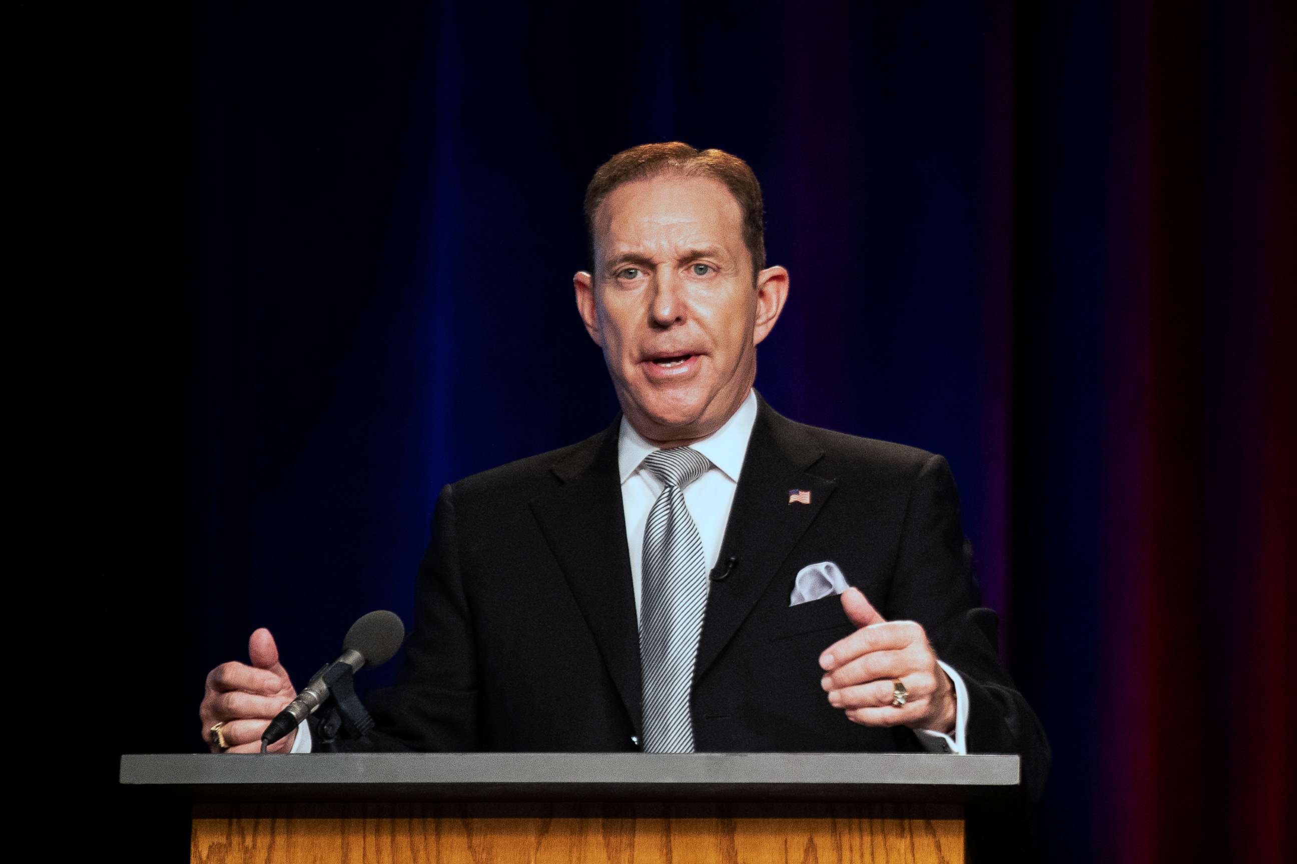 PHOTO: Republican Nebraska gubernatorial candidate Charles Herbster answers questions during a debate in Lincoln, Neb., March 24, 2022.