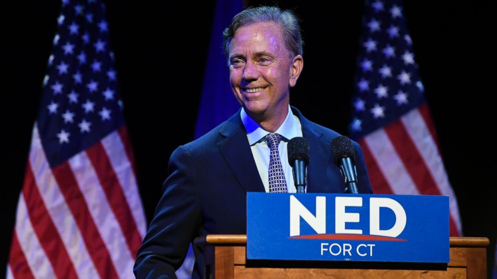 Connecticut gubernatorial candidate Ned Lamont celebrates after defeating Joe Ganim in the Democratic primary in New Haven, Conn., Tuesday, Aug. 14, 2018. 