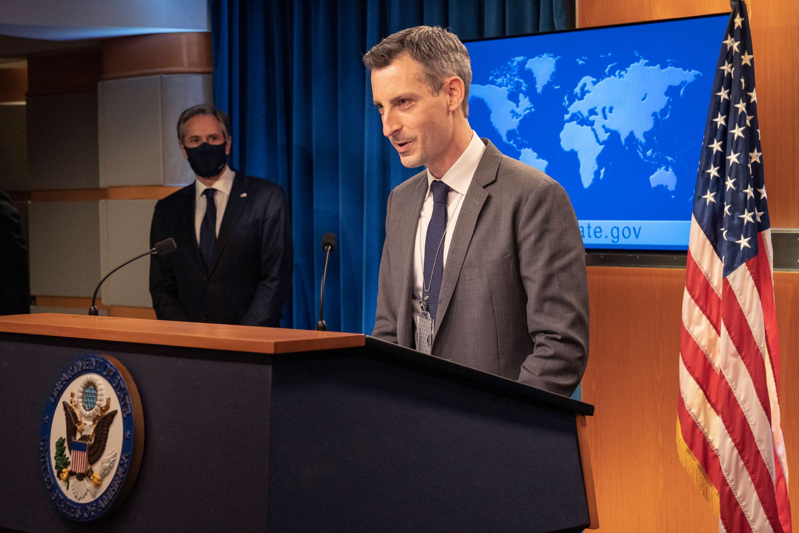 PHOTO: Department Spokesperson Ned Price introduces Secretary of State Antony J. Blinken before he delivers remarks to the media at the U.S. Department of State in Washington, D.C. on January 27, 2021.