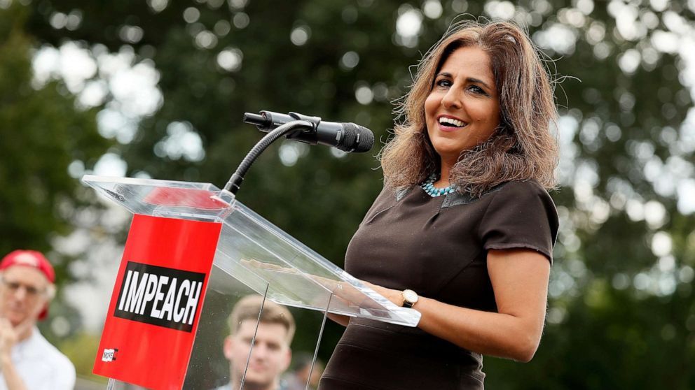 PHOTO: Neera Tanden speaks at a rally on the grounds of the U.S. Capital, Sept. 26, 2019, in Washington, DC.