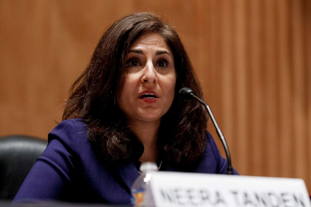 PHOTO: Neera Tanden speaks during a Senate Homeland Security and Governmental Affairs Committee confirmation hearing in Washington, D.C., Feb. 9, 2021.