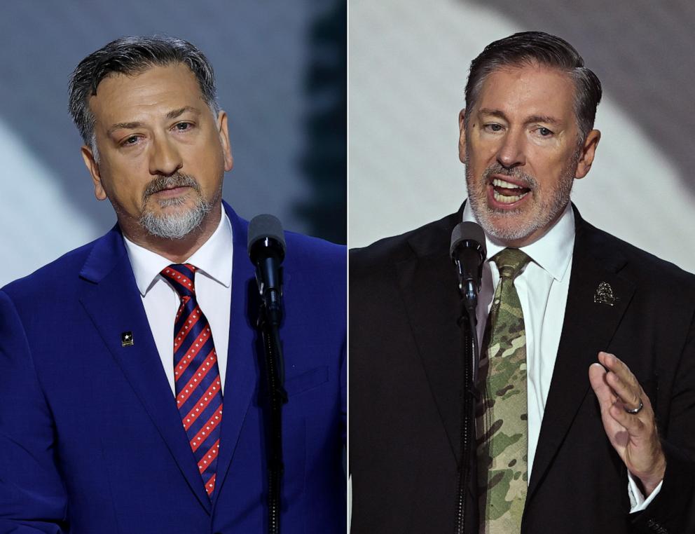 PHOTO: In this split image, medal of Honor Recipient Staff Sergeant David Bellavia Ret. and military veteran Scott Neil speak on stage on the third day of the Republican National Convention on July 17, 2024 in Milwaukee, Wis.