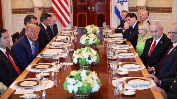 President Donald Trump holds a bilateral dinner with Israeli Prime Minister Benjamin Netanyahu, with Defense Secretary Pete Hegseth and Secretary of State Marco Rubio in attendance, at the White House, July 7, 2025. 