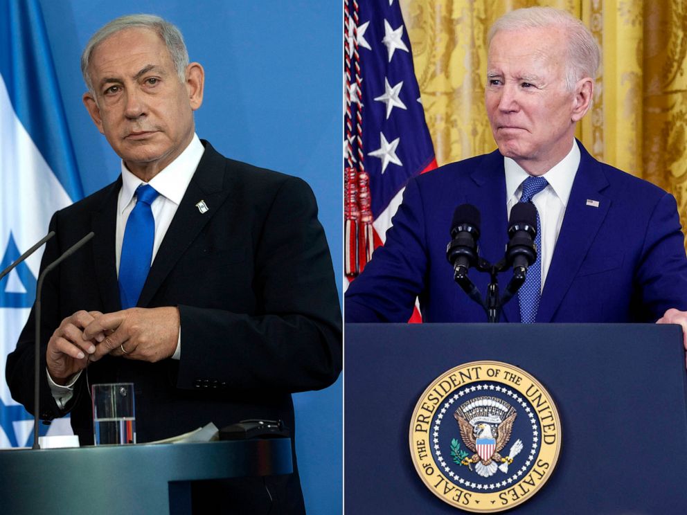 PHOTO: Israeli Prime Minister Benjamin Netanyahu speak to the media on March 16, 2023, in Berlin. | President Joe Biden speaks at an event in the White House on March 23, 2023, in Washington, DC.