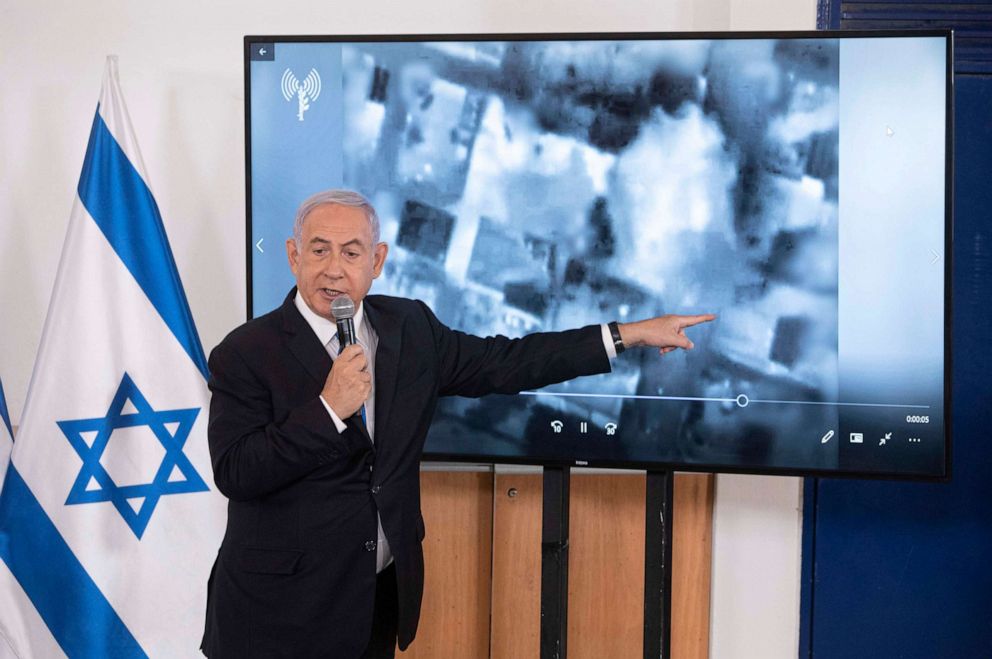 PHOTO: Israeli Prime Minister Benjamin Netanyahu show images during a briefing to ambassadors to Israel at the Hakirya military base in Tel Aviv, Israel, May 19, 2021.