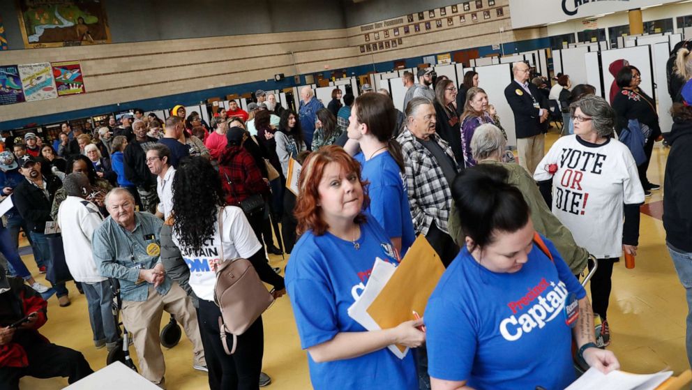 PHOTO:Nevada voters line up to participate in the caucus at Cheyenne High School in North Las Vegas, Feb. 22, 2020.