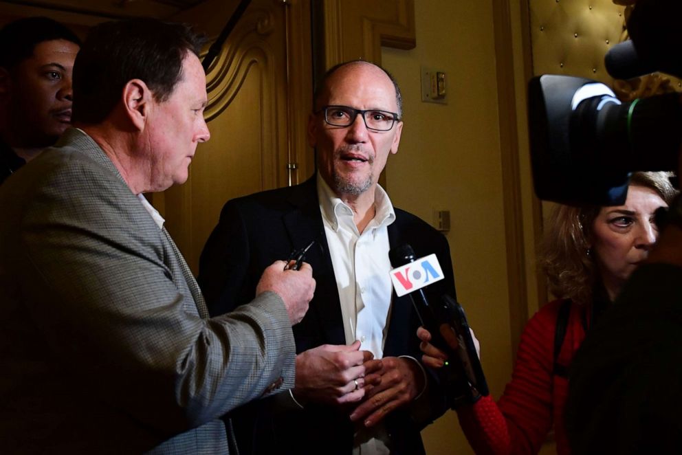PHOTO: Tom Perez, Chair of the Democratic National party, is interviewed as he checks out caucusing at the Bellagio Hotel in Las Vegas, Feb. 22, 2020.