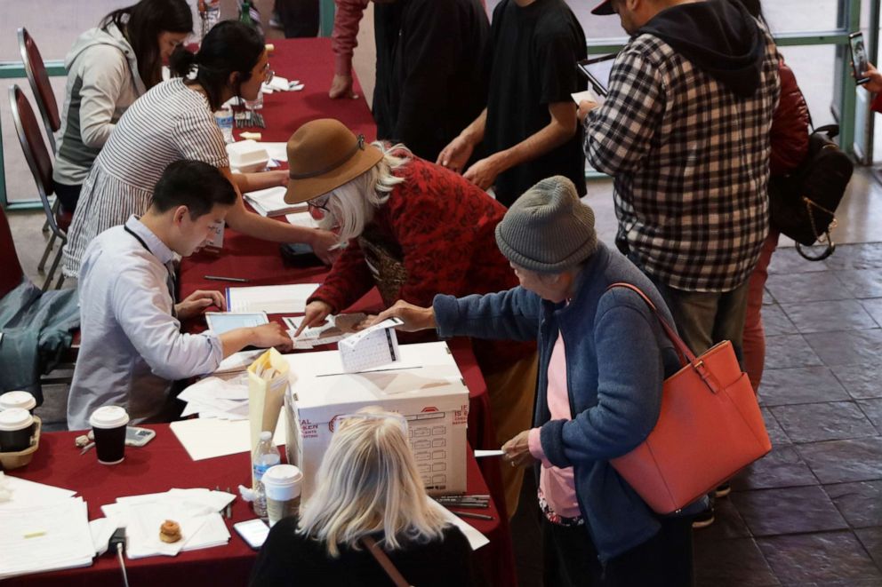 PHOTO: Voters participate in early voting in the Nevada Caucus at Chinatown Plaza Mall, Feb. 15, 2020, in Las Vegas, Nevada.
