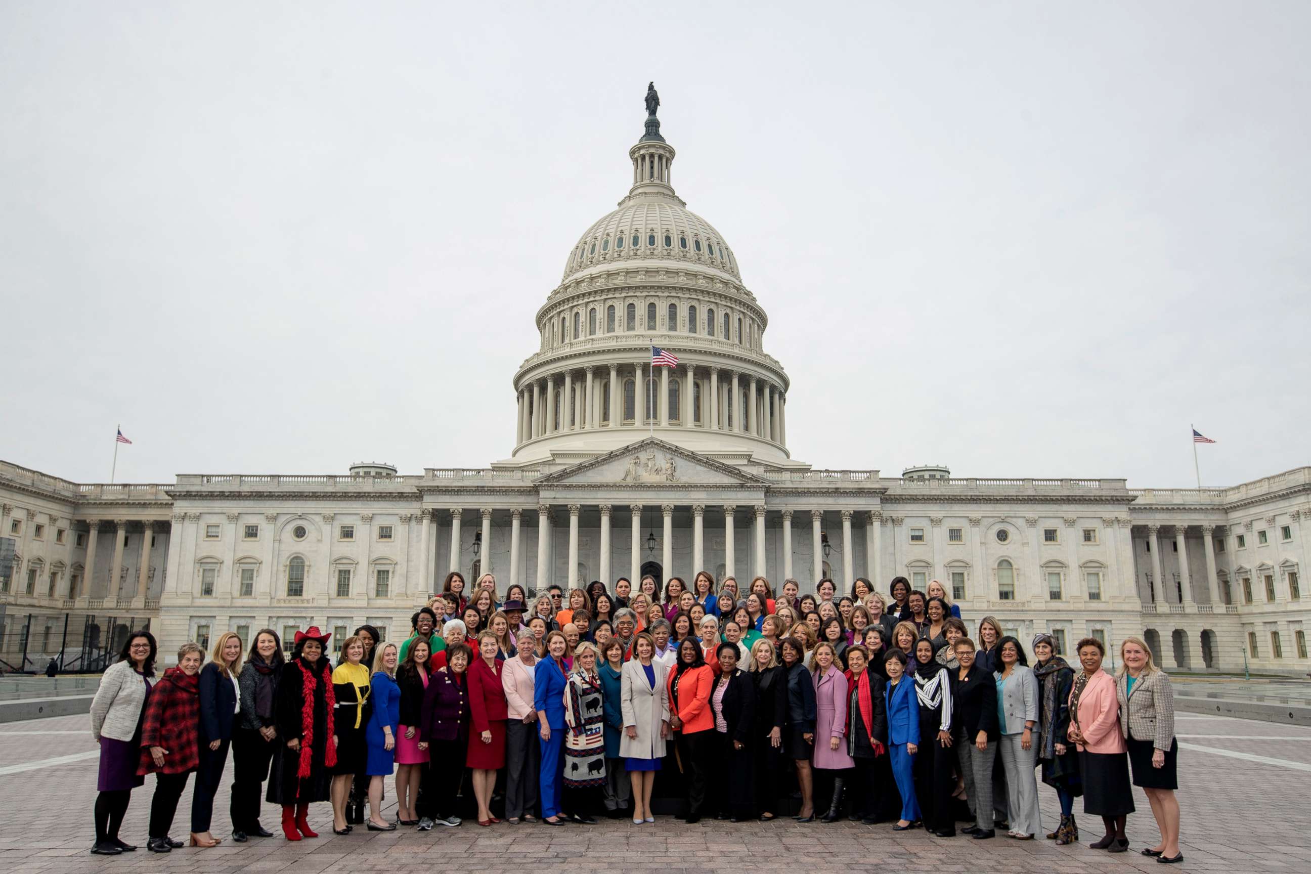 PHOTO: House Speaker Nancy Pelosi of Calif., center, poses with all House Democratic women members of the 116th Congress on the East Front Capitol Plaza on Capitol Hill in Washington, Jan. 4, 2019, as the 116th Congress begins.