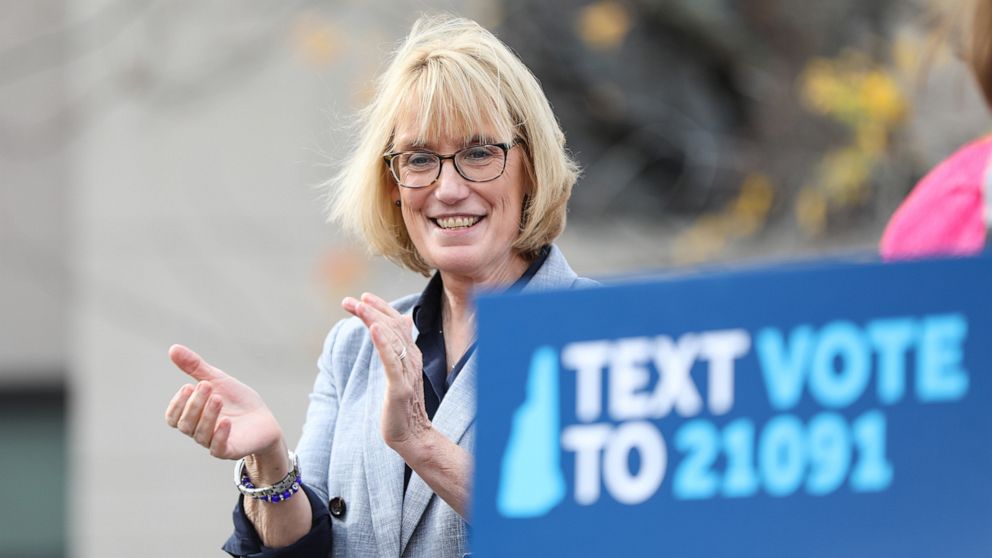 PHOTO: U.S. Sen. Maggie Hassan applauds on stage during a campaign event in Nashua, N.H., Nov. 06, 2022.