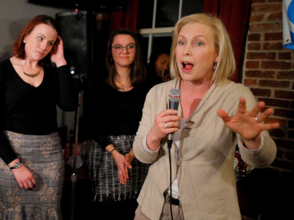 PHOTO: Senator Kirsten Gillibrand speaks to young Democrats at a campaign stop at Stark Brewing in Manchester, N.H., Feb. 1, 2019.