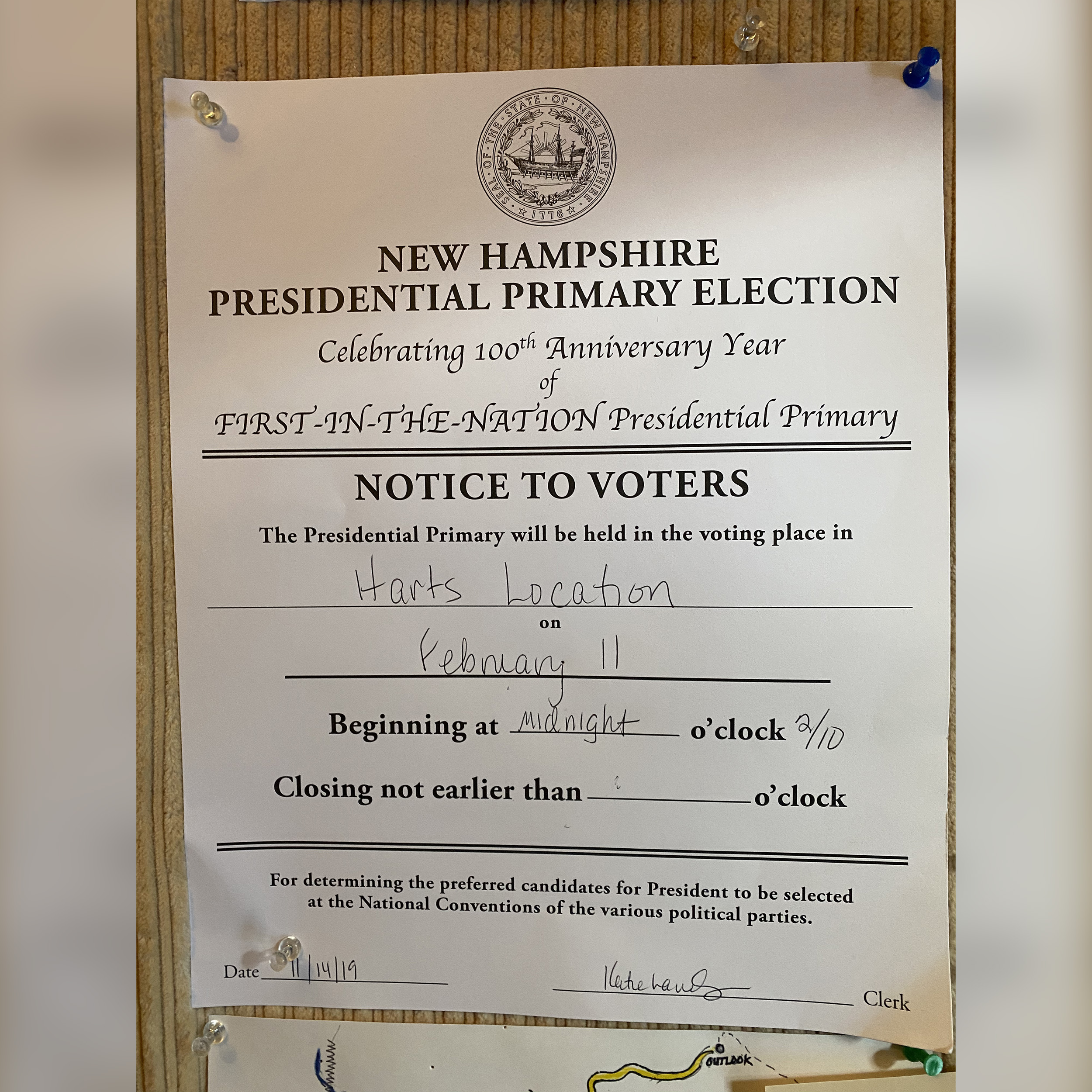 PHOTO: A notice to voters posted in Hart's Location, N.H., announces that voting will begin at midnight on Feb. 11, 2020.