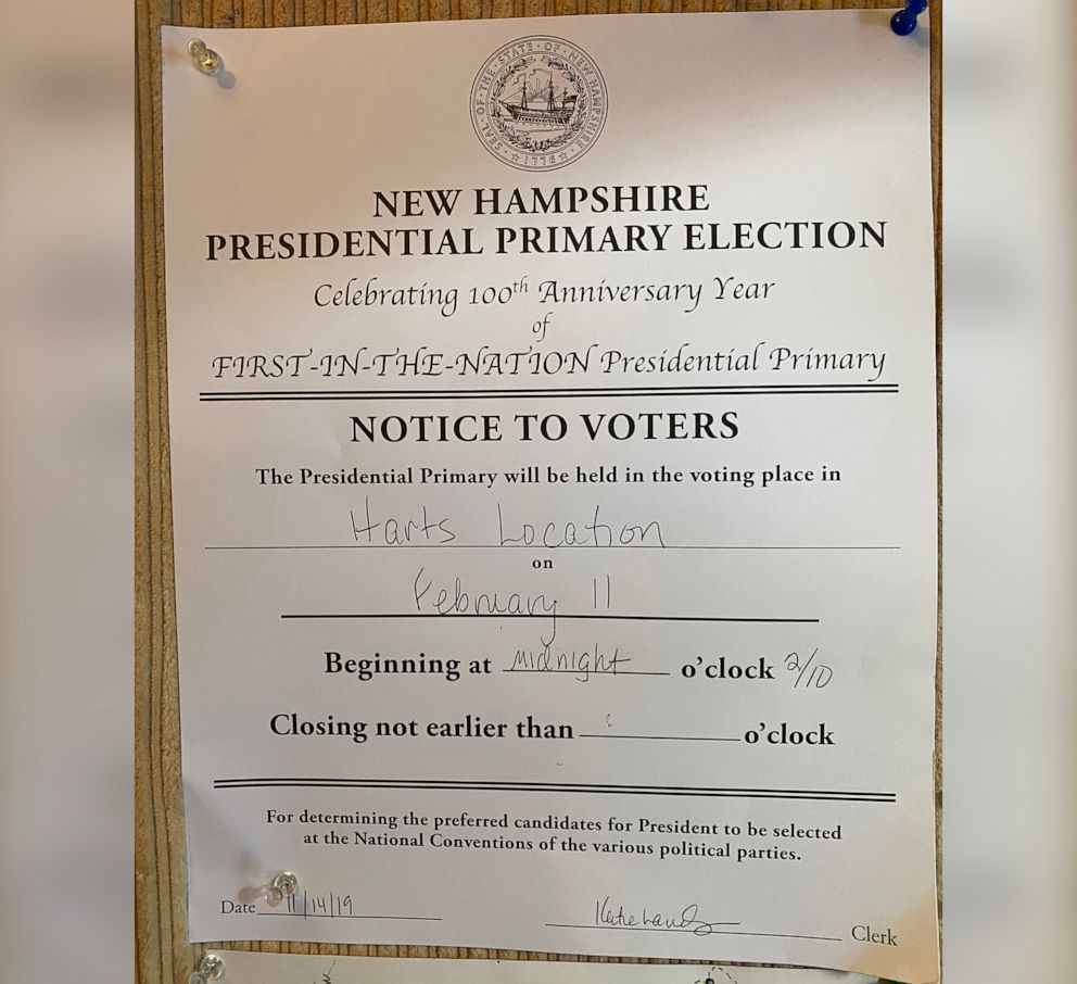 PHOTO: A notice to voters posted in Hart's Location, N.H., announces that voting will begin at midnight on Feb. 11, 2020.