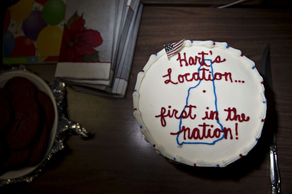 PHOTO: A cake sits on a desk before residents vote in the presidential primary election at the town hall polling site in Harts Location, N.H., Feb. 8, 2016.