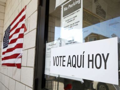 PHOTO: A sign announces in Spanish, a polling place outside of the Harrison Community Center in Harrison during New Jersey primary election, June 5, 2018, in Harrison, N.J.