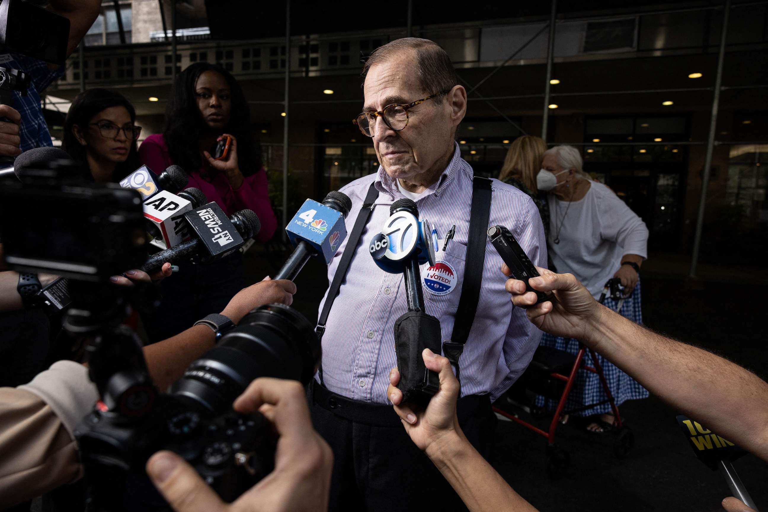 PHOTO: US Representative Jerry Nadler, Democrat of New York, and candidate for New York's 12th congressional district, speaks to the press after voting during Primary Election Day in New York, Aug. 23, 2022.