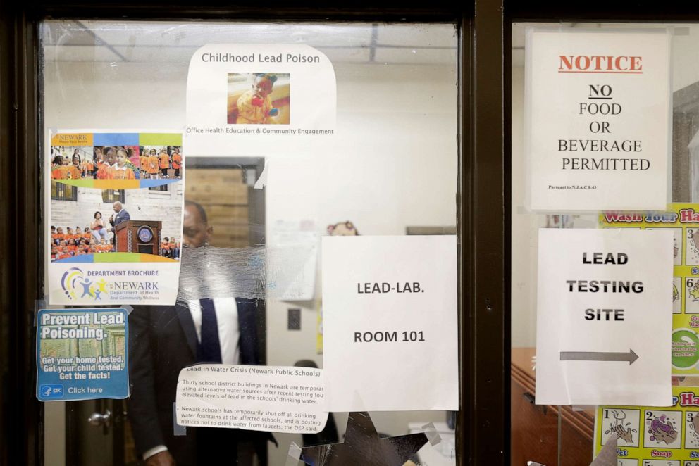 PHOTO: Signs about lead poisoning are posted in the Newark Health Department in Newark, N.J., Aug. 14, 2019.