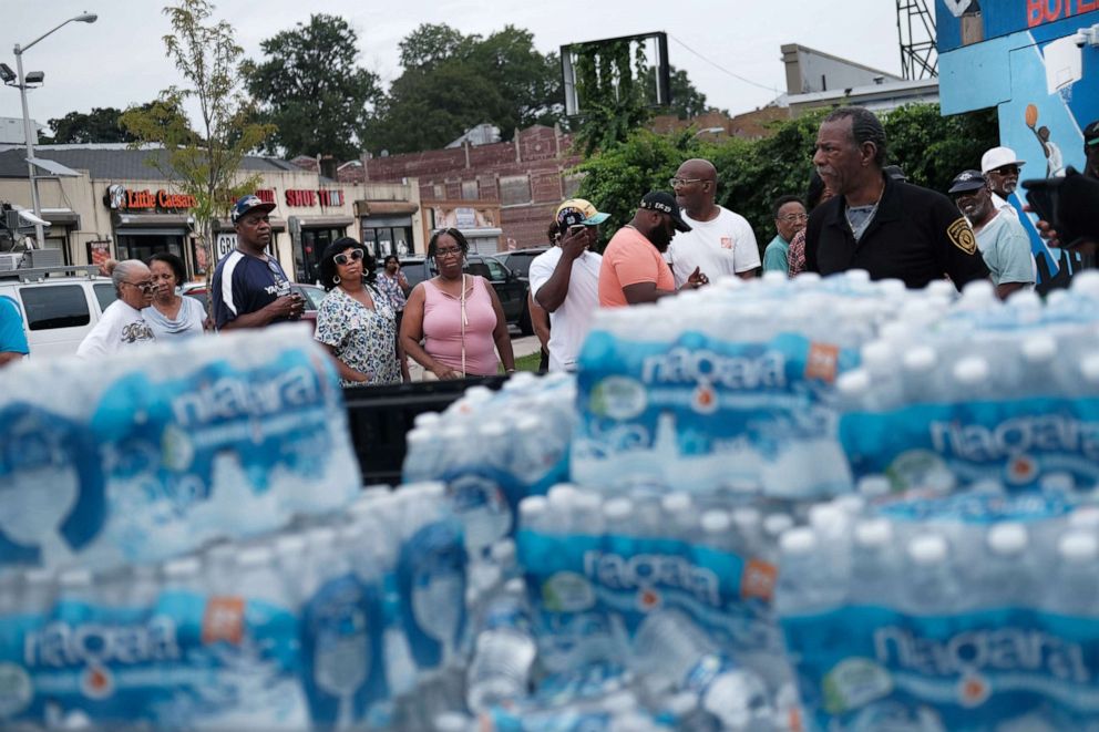 PHOTO: A pallet of bottled water is delivered to a recreation center, Aug. 13, 2019 in Newark, New Jersey.