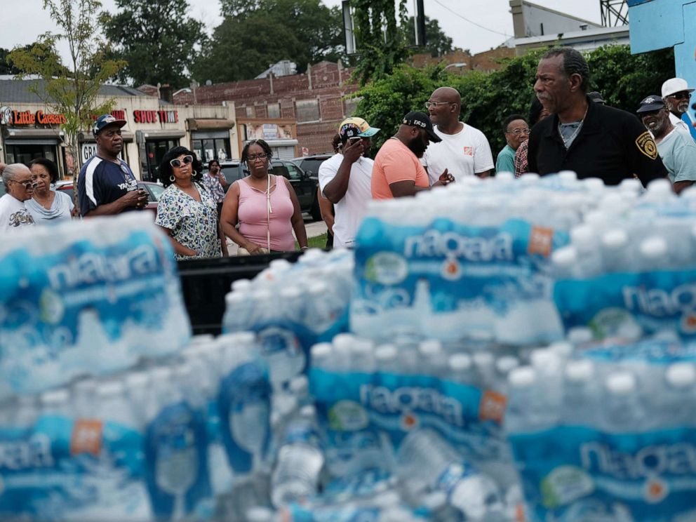 PHOTO: A pallet of bottled water is delivered to a recreation center, Aug. 13, 2019 in Newark, N.J., after lead was found in the tap water.