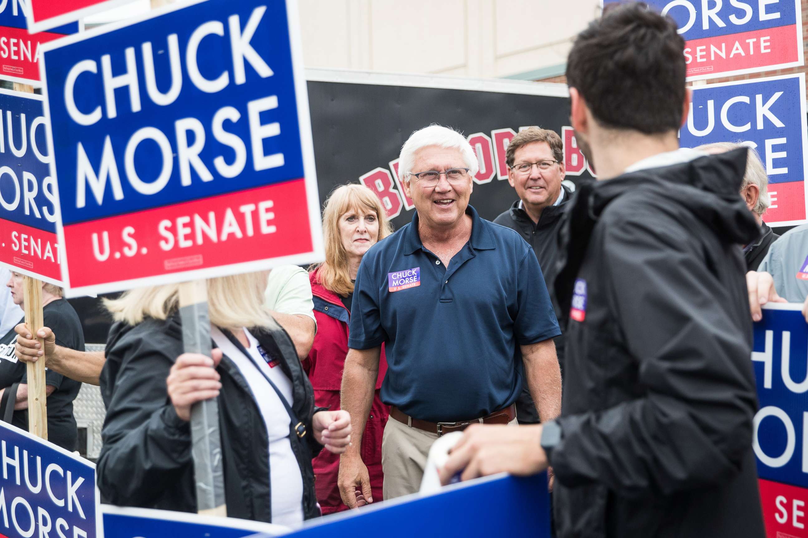PHOTO: Republican Senate candidate Chuck Morse greets supporters during a campaign stop to the Bedford High School polling location in Bedford, N.H., Sept. 13, 2022.