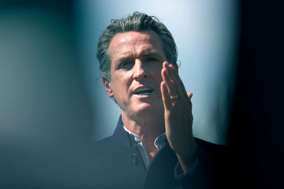 PHOTO: California Gov. Gavin Newsom speaks during a news conference after touring Barron Park Elementary School, March 2, 2021, in Palo Alto, Calif. 