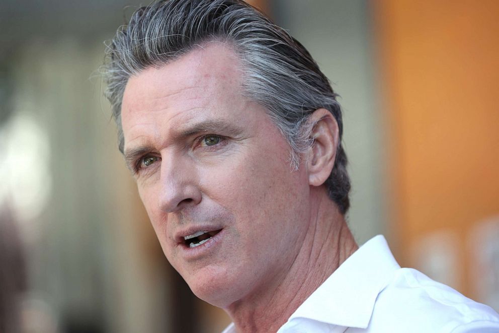PHOTO: California Governor Gavin Newsom speaks during a "Vote No" get out the vote tour  campaign stop at Mission Language and Vocational School, Sept. 7, 2021, in San Francisco.