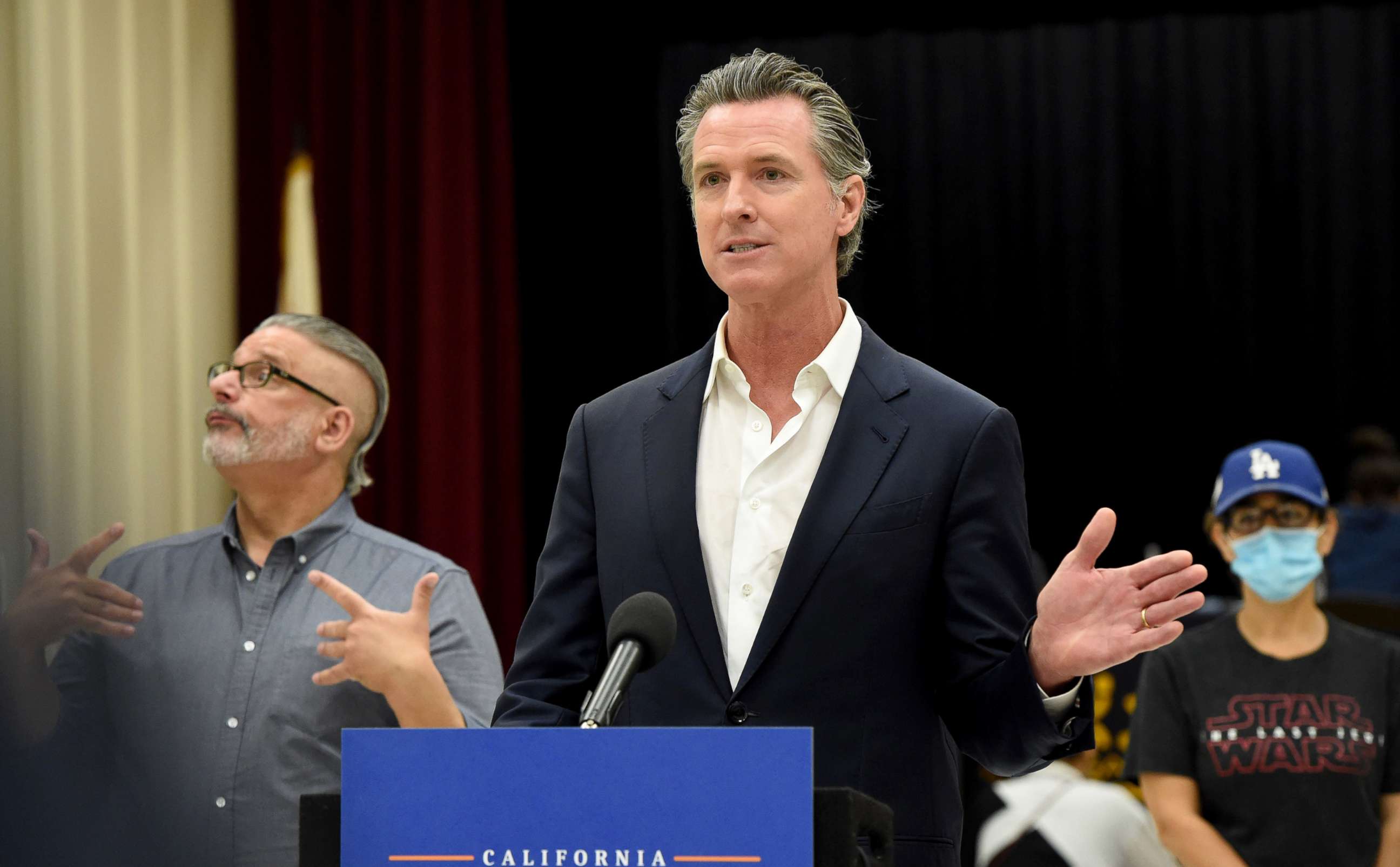 PHOTO: Governor Gavin Newsom helds a press conference to talk about the nation"u2019s largest rent relief program to help low-income Californians in Bell Gardens, Calif. on July 14, 2021.