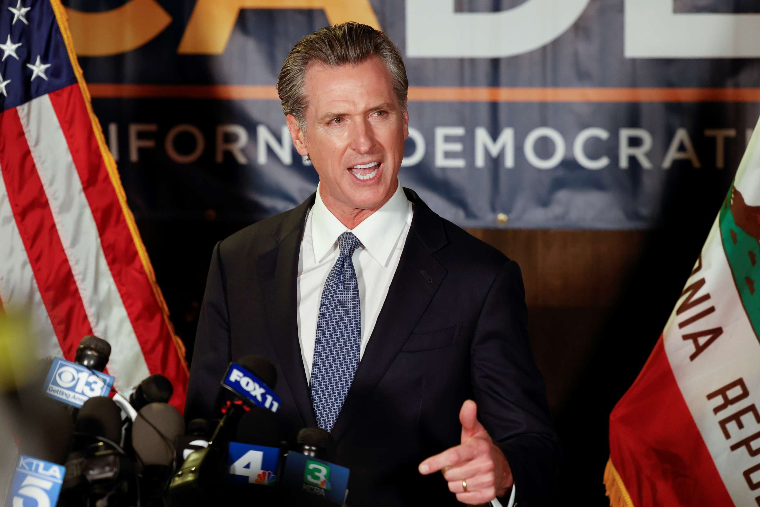 PHOTO: California Gov. Gavin Newsom makes an appearance after the polls close on the recall election, at the California Democratic Party headquarters in Sacramento, Calif., Sept. 14, 2021.