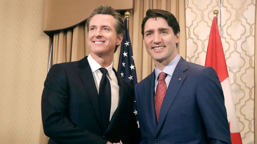 Canada's Prime Minister Justin Trudeau, right, meets with California Lt. Gov. Gavin Newsom while meeting in San Francisco, Feb. 9, 2018.