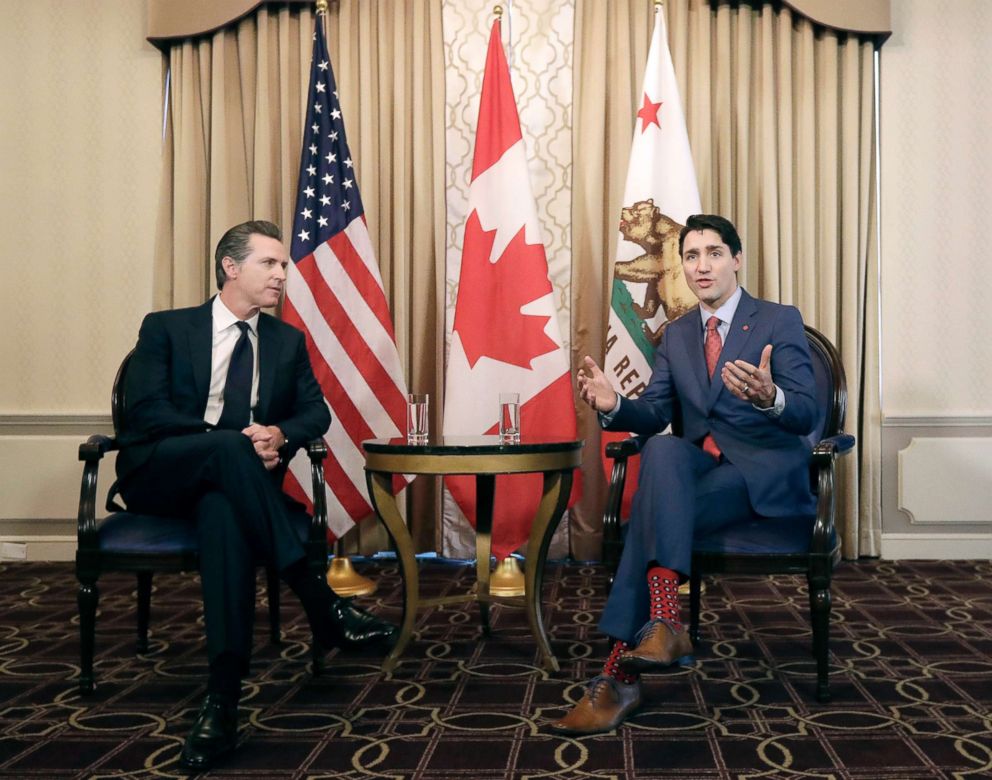 PHOTO: Canada's Prime Minister Justin Trudeau, right, meets with California Lt. Gov. Gavin Newsom while meeting in San Francisco, Feb. 9, 2018.