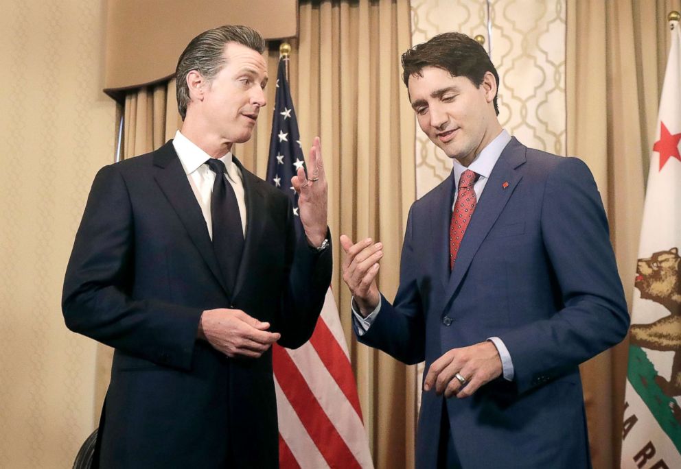 PHOTO: Canada's Prime Minister Justin Trudeau, right, meets with California Lt. Gov. Gavin Newsom while meeting in San Francisco, Feb. 9, 2018.