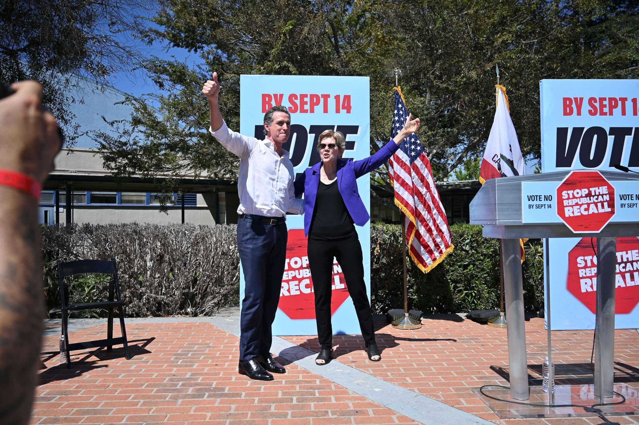 PHOTO: California Gov. Gavin Newsom and Sen. Elizabeth Warren, D-Mass., attend a rally against the upcoming gubernatorial recall election, Sept. 4, 2021 at Culver City High School in Culver City, Calif.