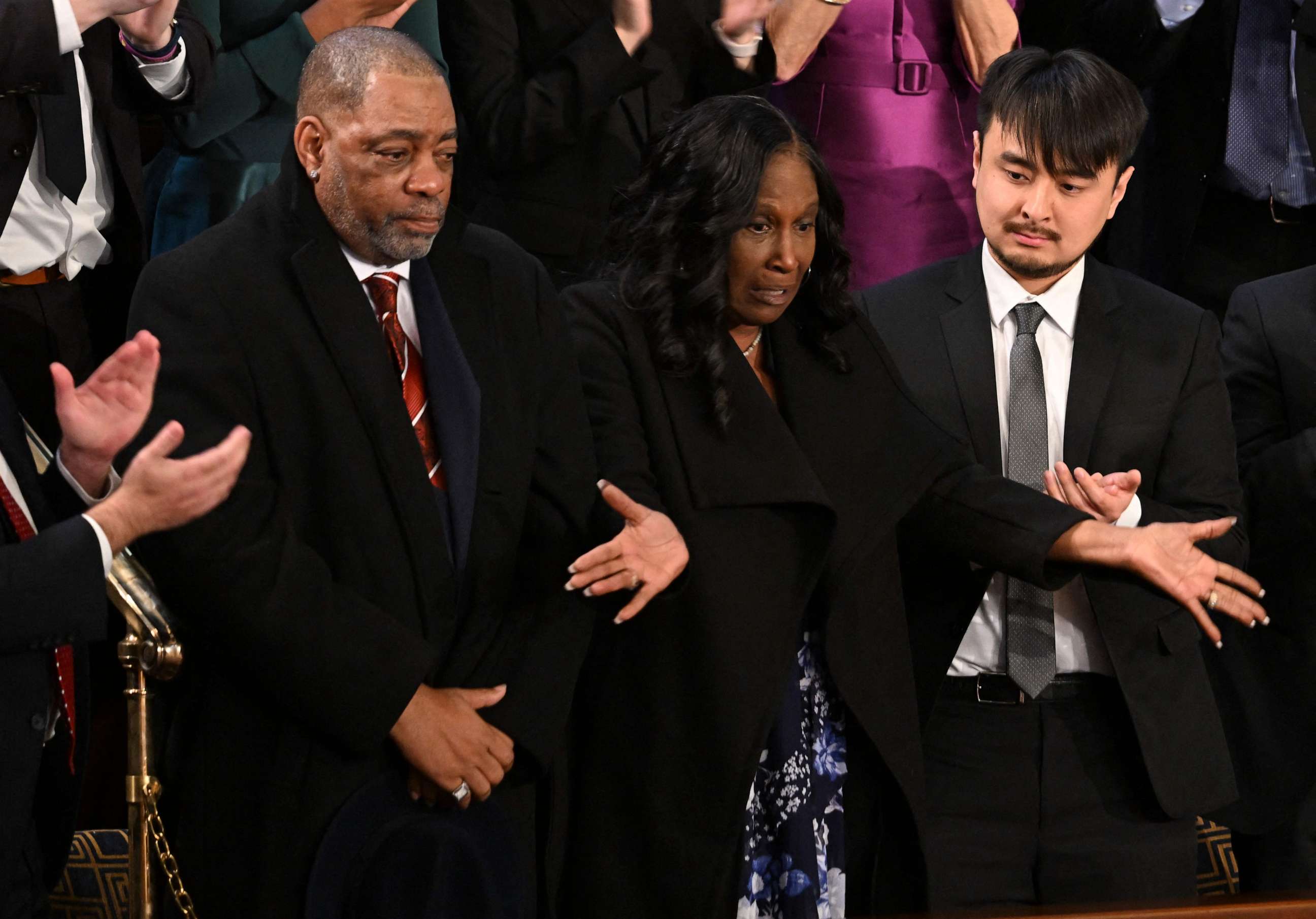 PHOTO: Rodney Wells (L) and RowVaughn Wells (2nd L), parents of Tyre Nichols, are applauded after President Joe Biden acknowledged them during the State of the Union address in the House Chamber of the Capitol in Washington, DC, on Feb. 7, 2023.