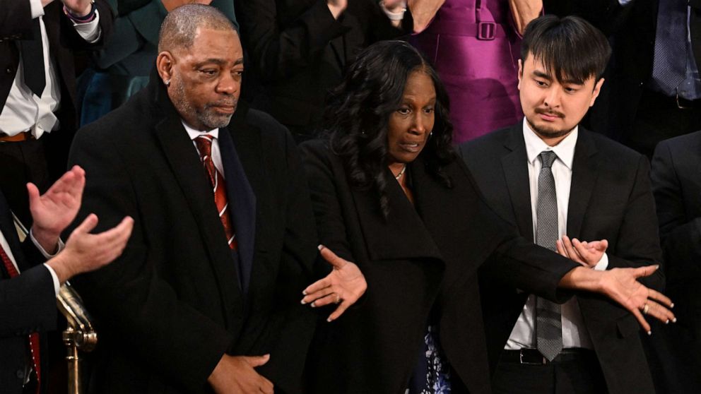 PHOTO: Rodney Wells (L) and RowVaughn Wells (2nd L), parents of Tyre Nichols, are applauded after President Joe Biden acknowledged them during the State of the Union address in the House Chamber of the Capitol in Washington, DC, on Feb. 7, 2023.