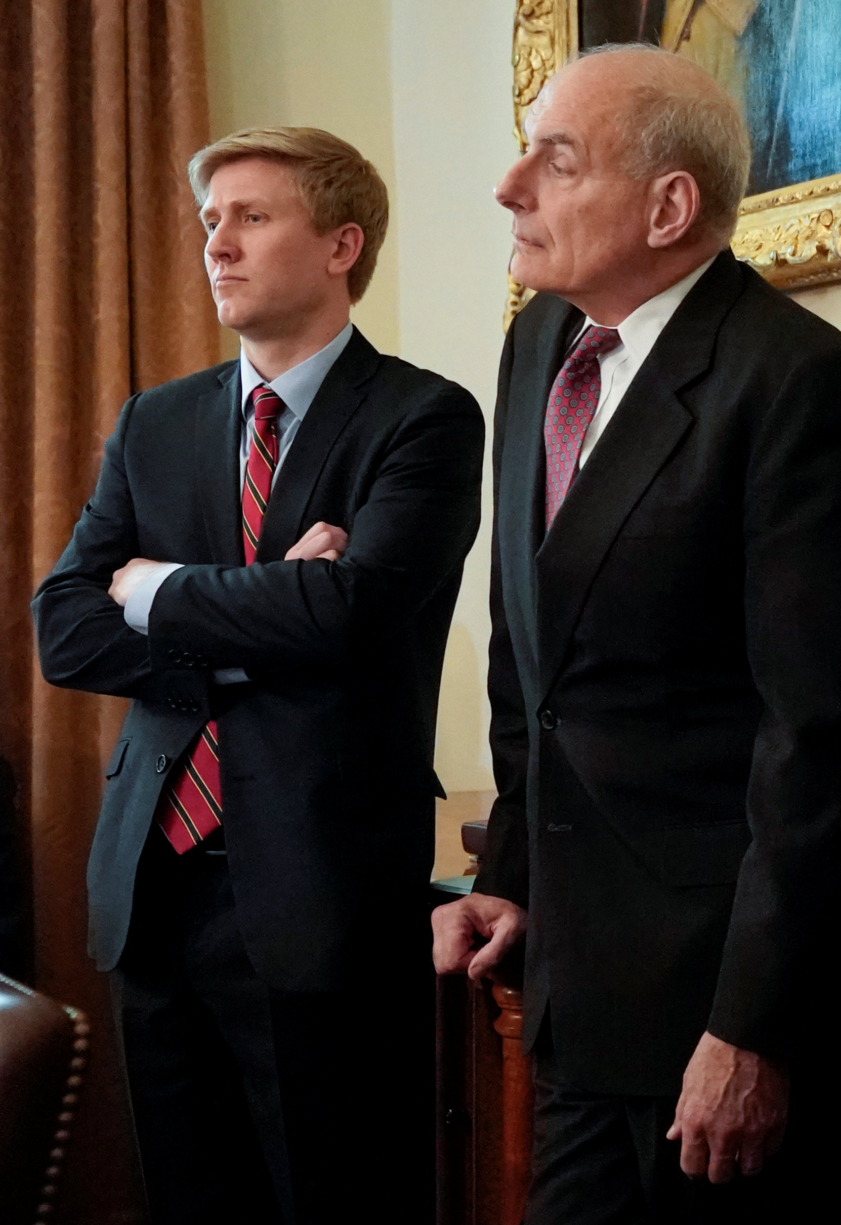 PHOTO: Nick Ayers (L), chief of staff to Vice President Mike Pence, and White House Chief of Staff John Kelly look on as President Donald Trump holds a cabinet meeting at the White House in Washington, May 9, 2018.