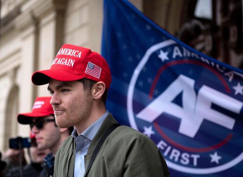 PHOTO: In this Nov. 11, 2020, file photo, Nick Fuentes, far-right activist, holds a rally at the Lansing Capitol, in Lansing, Mich.