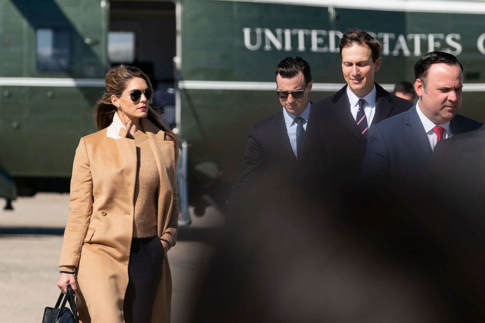 PHOTO: Counselor to the President Hope Hicks, left, with White House special assistant to the president Nick Luna, White House adviser Jared Kushner, and social media director Dan Scavino on Wednesday, Sept. 30, 2020, at Andrews Air Force Base, Md.