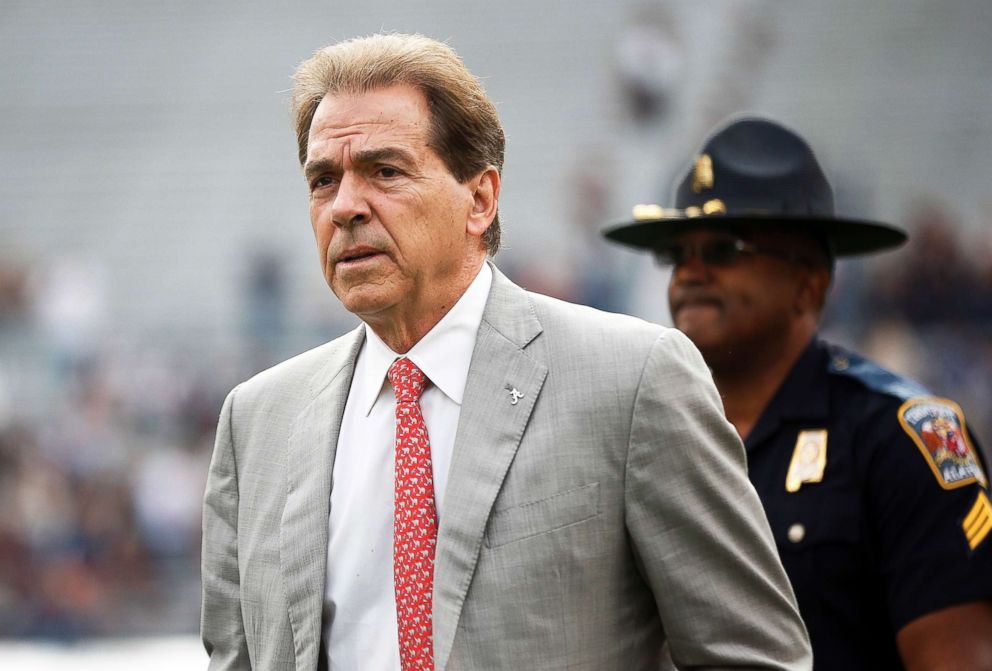 PHOTO: Alabama head coach Nick Saban walks the field before the Iron Bowl NCAA college football game against Auburn, in Auburn, Ala., Nov. 25, 2017.