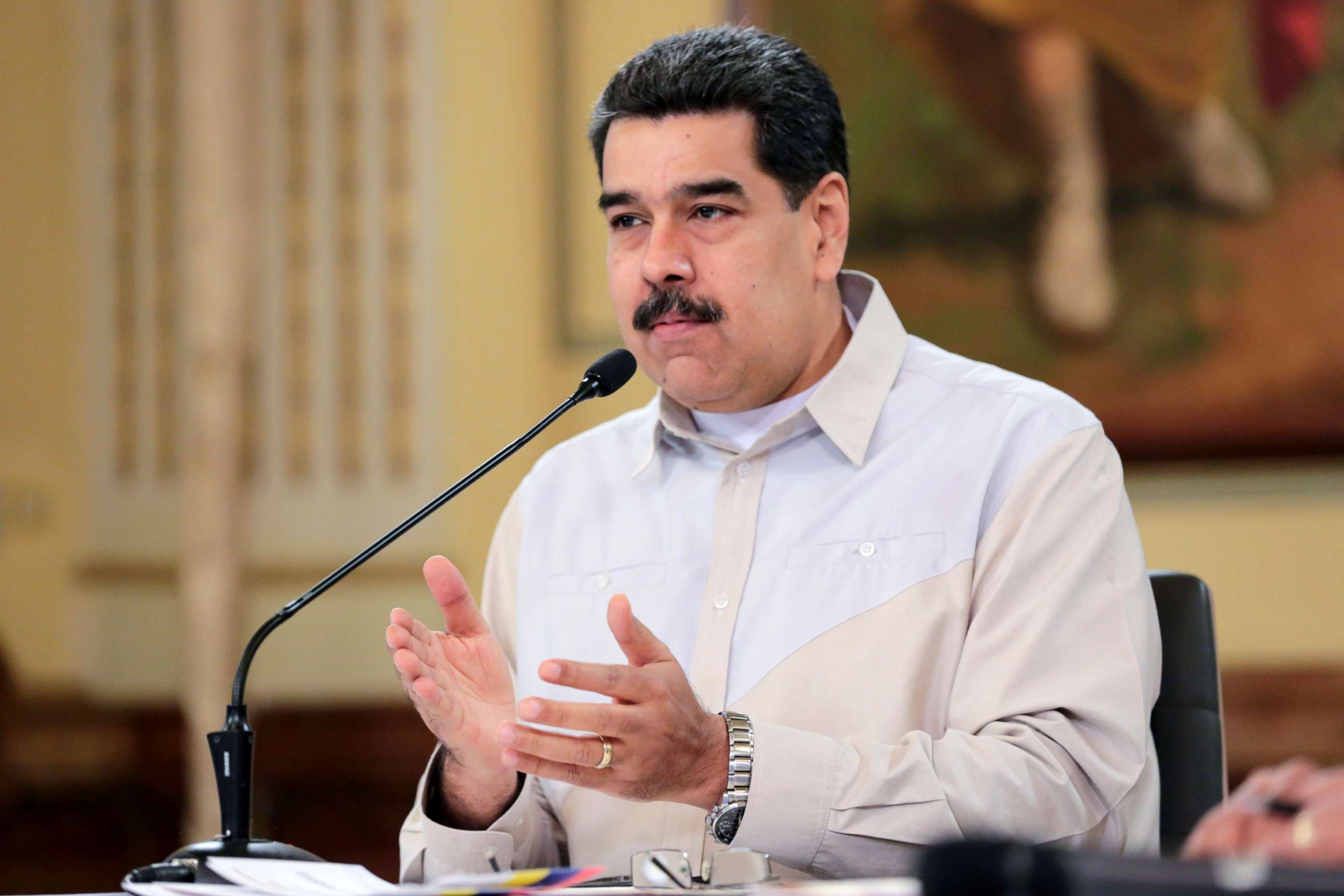 PHOTO: Venezuela's President Nicolas Maduro speaks during a meeting with members of the government at the Miraflores Palace Caracas, Venezuela, April 23, 2019.