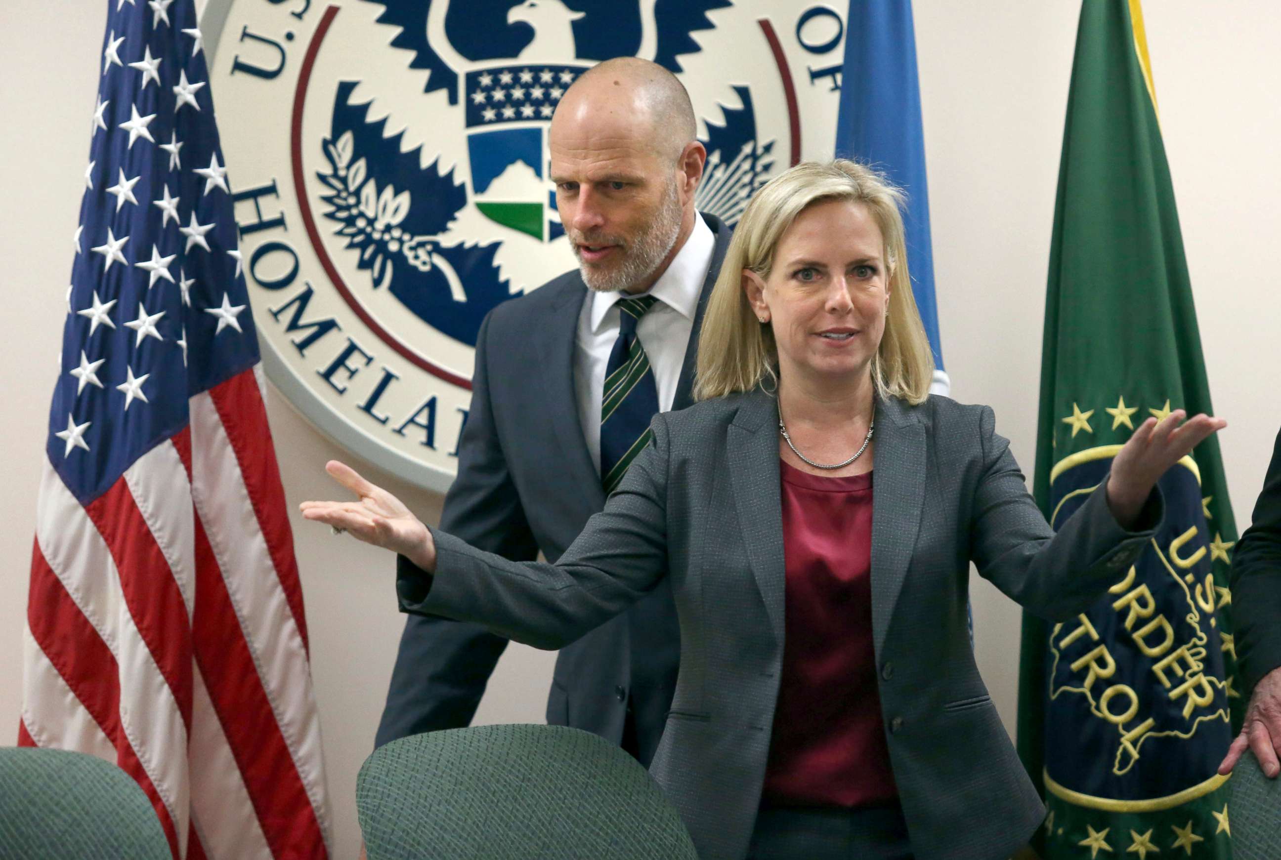PHOTO: Kirstjen Nielsen, the secretary of Homeland Security and Ronald Vitiello, visited the Rio Grande Valley on Thursday to meet with local law enforcement at the Rio Grande Border Patrol Sector on March, 21, 2019 in McAllen, Texas.