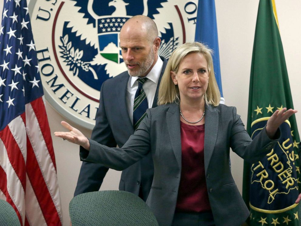 PHOTO: Kirstjen Nielsen, the secretary of Homeland Security and Ronald Vitiello, visited the Rio Grande Valley on Thursday to meet with local law enforcement at the Rio Grande Border Patrol Sector on March, 21, 2019 in McAllen, Texas.