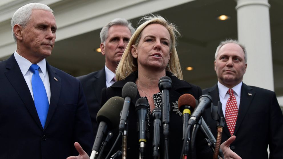 PHOTO: In this Jan. 9, 2019, photo, Homeland Security Secretary Kirstjen Nielsen, second from right, standing with Vice President Mike Pence, speaks to reporters following a meeting at the White House in Washington.