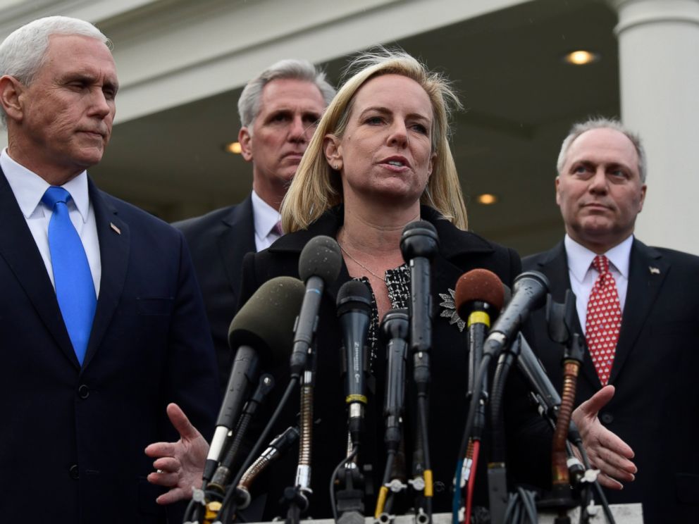 PHOTO: In this Jan. 9, 2019, photo, Homeland Security Secretary Kirstjen Nielsen, second from right, standing with Vice President Mike Pence, speaks to reporters following a meeting at the White House in Washington.