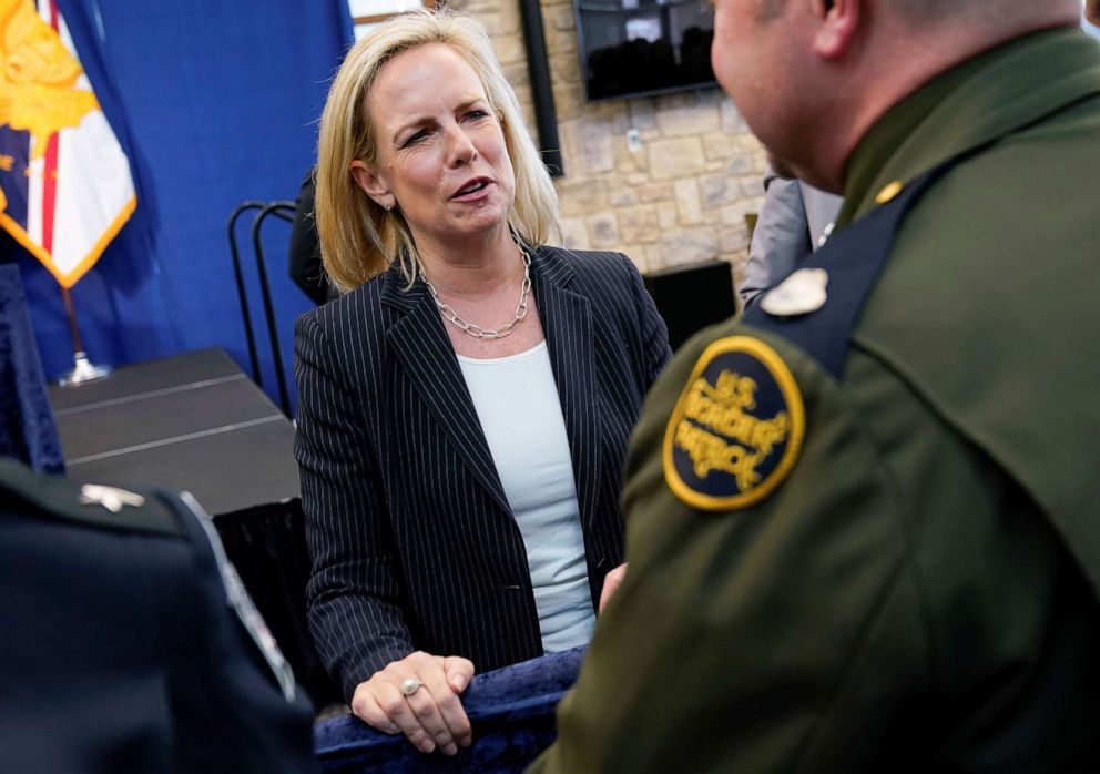 Secretary of Homeland Security Kirstjen Nielsen greets a member of the Border Patrol at the U.S. Customs and Border Protection Advanced Training Facility in Harpers Ferry, W.V., March 13, 2019.      