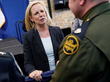 PHOTO: U.S. Secretary of Homeland Security Kirstjen Nielsen greets a member of the U.S. Border Patrol at the U.S. Customs and Border Protection Advanced Training Facility in Harpers Ferry, West Virginia, U.S., March 13, 2019. REUTERS/Joshua Roberts
