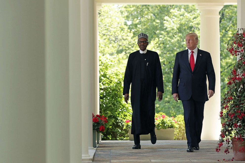PHOTO: President Donald Trump and Nigerian President Muhammadu Buhari walk into the Rose Garden for a joint press conference at the White House, April 30, 2018.