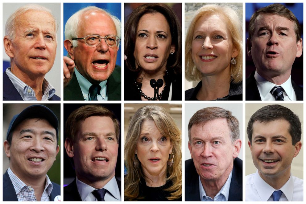 PHOTO: The line up of U.S. Democratic presidential candidates who will participate in the party's second of two nights of debate in Miami on June 27, 2019.