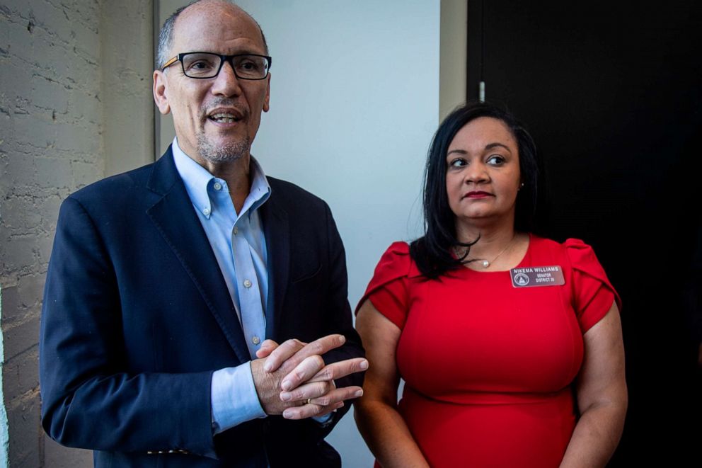 PHOTO: Tom Perez, left, chair of the Democratic National Committee, and Nikema Williams, chair of the Georgia Democratic Party, speak with reporters, in Atlanta, Nov. 20, 2019. 