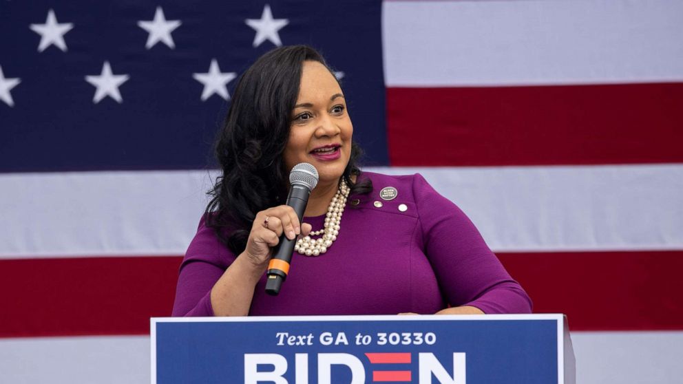 PHOTO: Georgia State Senator Nikema Williams speaks at a rally in Dekalb County, Ga., at a rally in support of Joe Biden's campaign during the first day of early voting in the state, Oct. 12, 2020.